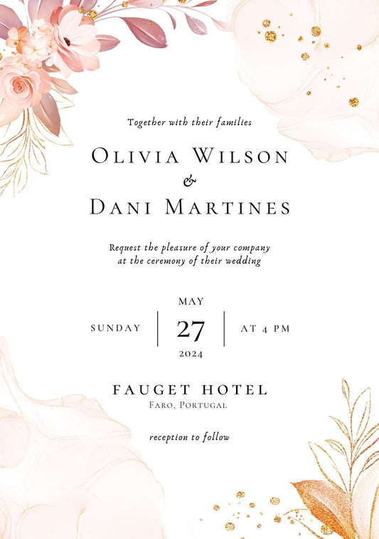 Pink & Gold Leaf Floral Wedding Invite