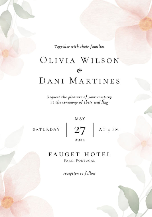 Soft Pink & Green Floral Wedding Invite
