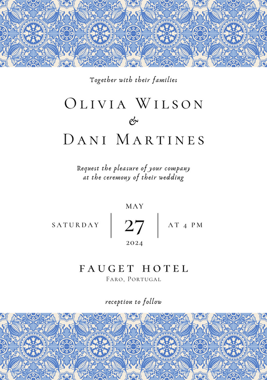 Spanish inspired Sea Blue Tiles Wedding Invite