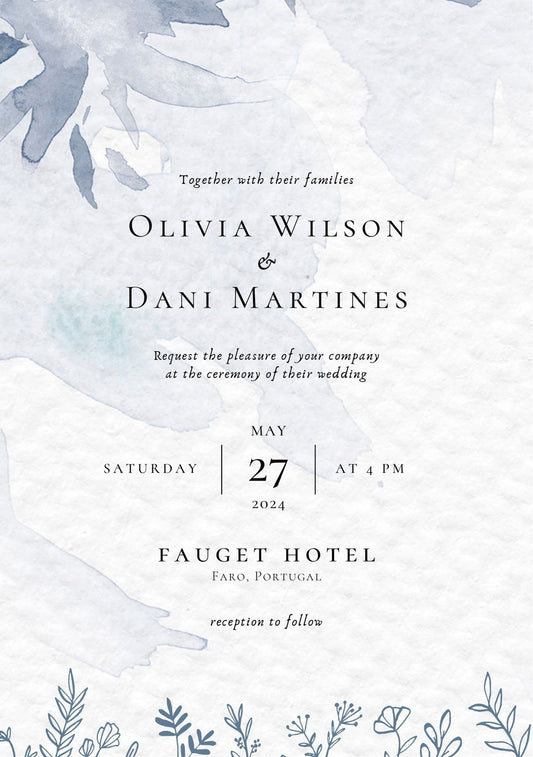 Elegant Dusty Blue Navy Floral Wedding Invite